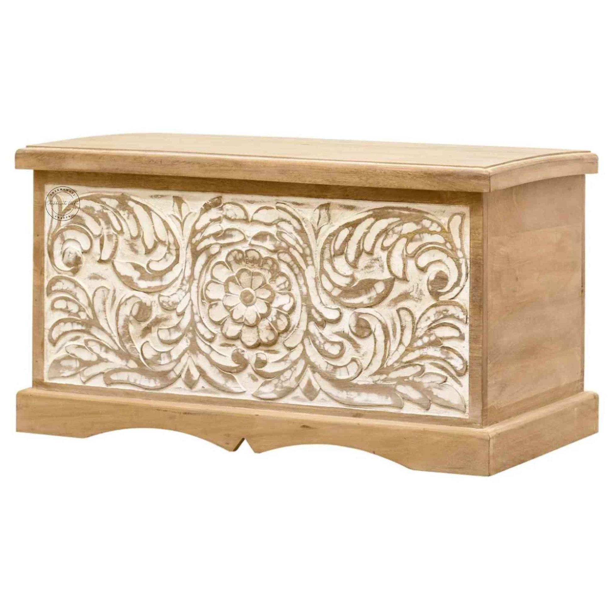 Verona Trunk is handcrafted with mango wood, a hand-carved design on the front side and a rustic white finish.