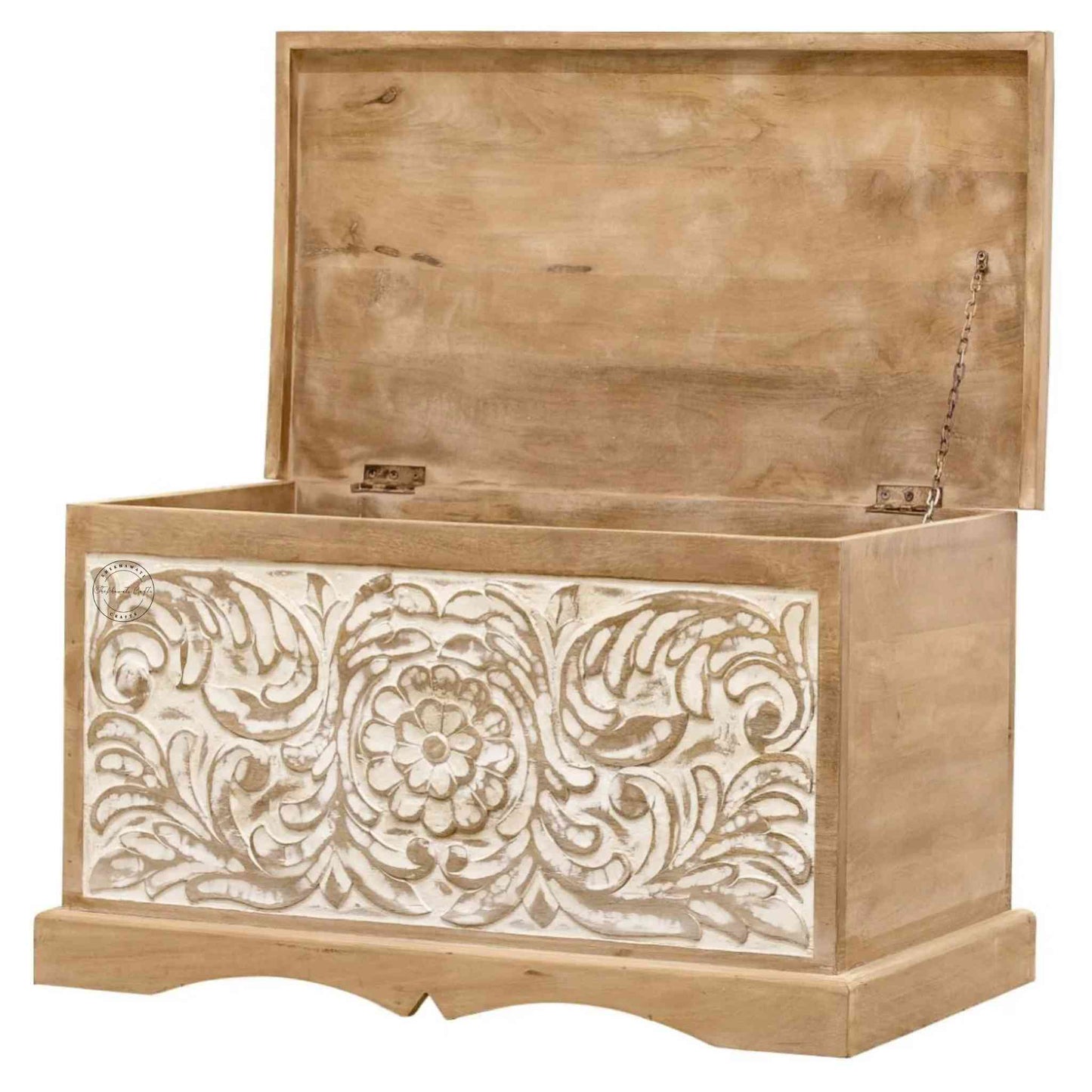 Verona Trunk is handcrafted with mango wood, a hand-carved design on the front side and a rustic white finish.