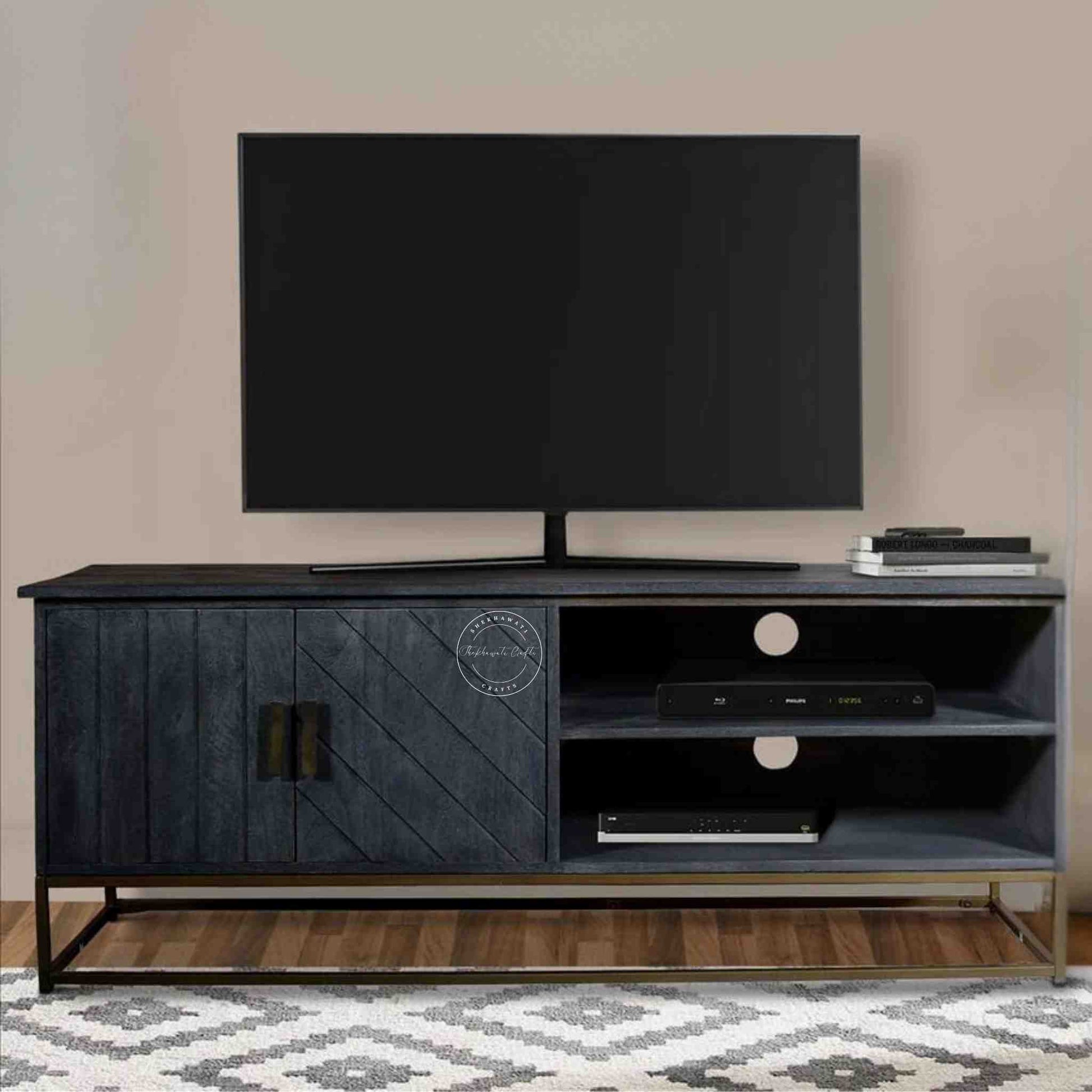 handcrafted vuda TV cabinet made from mango wood and iron base.