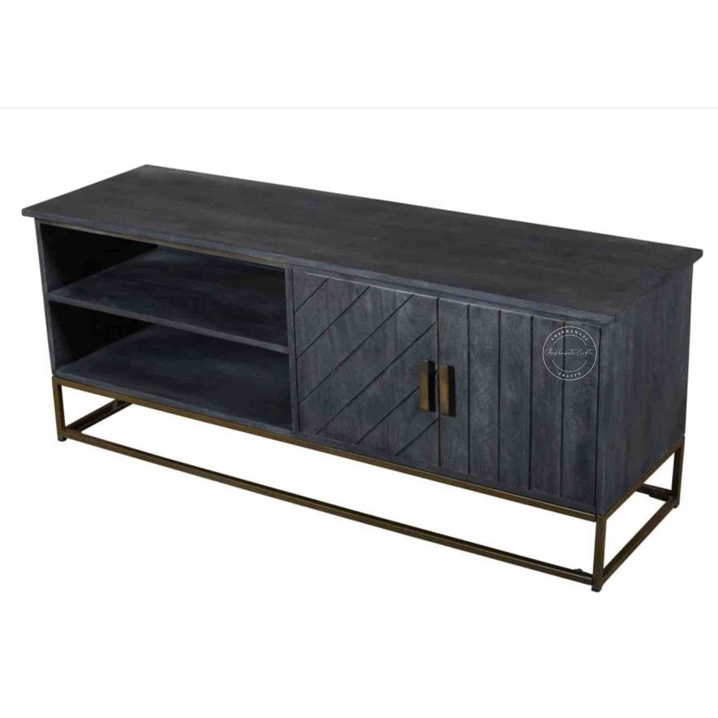 handcrafted vuda TV cabinet made from mango wood and iron base.