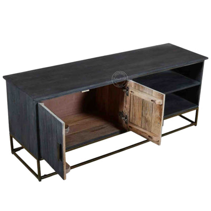 handcrafted vuda TV cabinet made from mango wood and iron base.