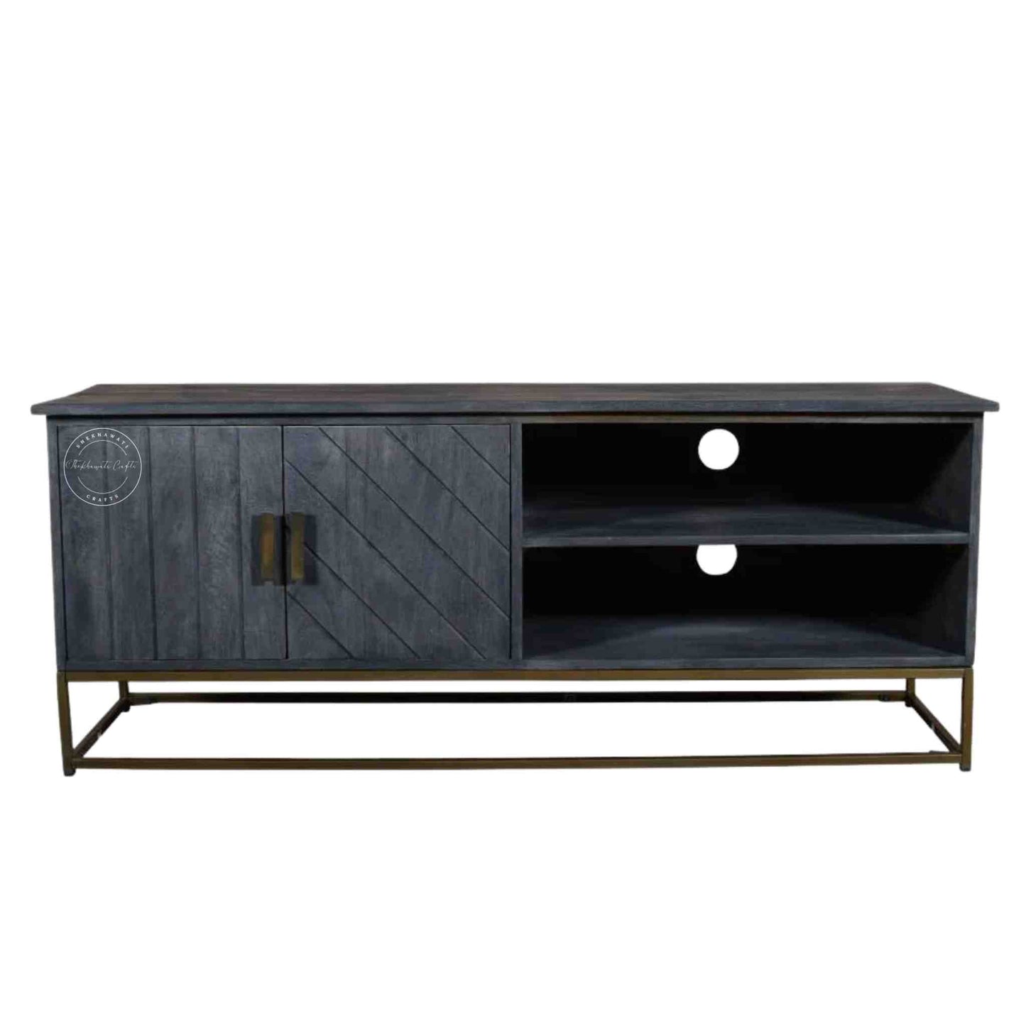 handcrafted vuda TV cabinet made from mango wood and iron base.