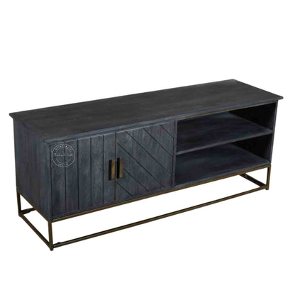 handcrafted vuda TV cabinet made from mango wood and iron base.