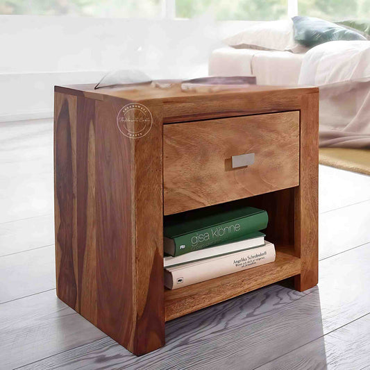 zoey bedside made with sheesham wood, one drawer and open shelve for storage