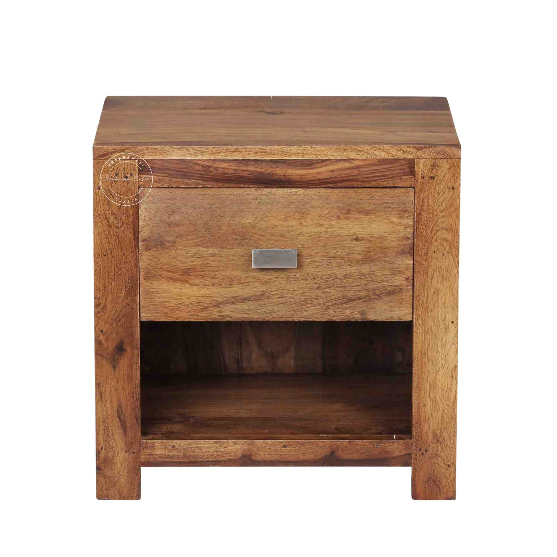 Handcrafted Zoey Bedside table made from sheesham wood with 1 drawer and 1 open shelf, featuring a natural finish.