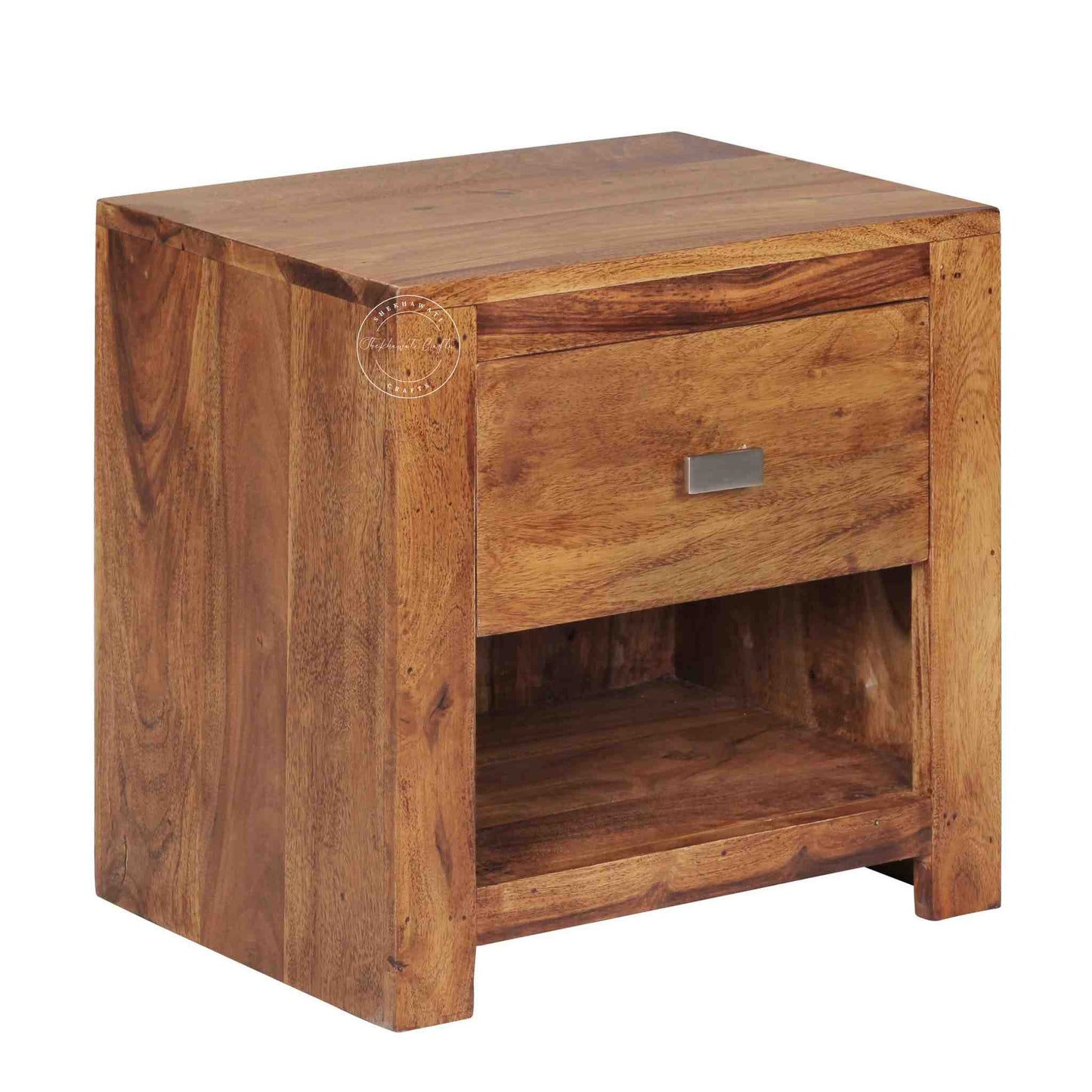 Handcrafted Zoey Bedside table made from sheesham wood with 1 drawer and 1 open shelf, featuring a natural finish.