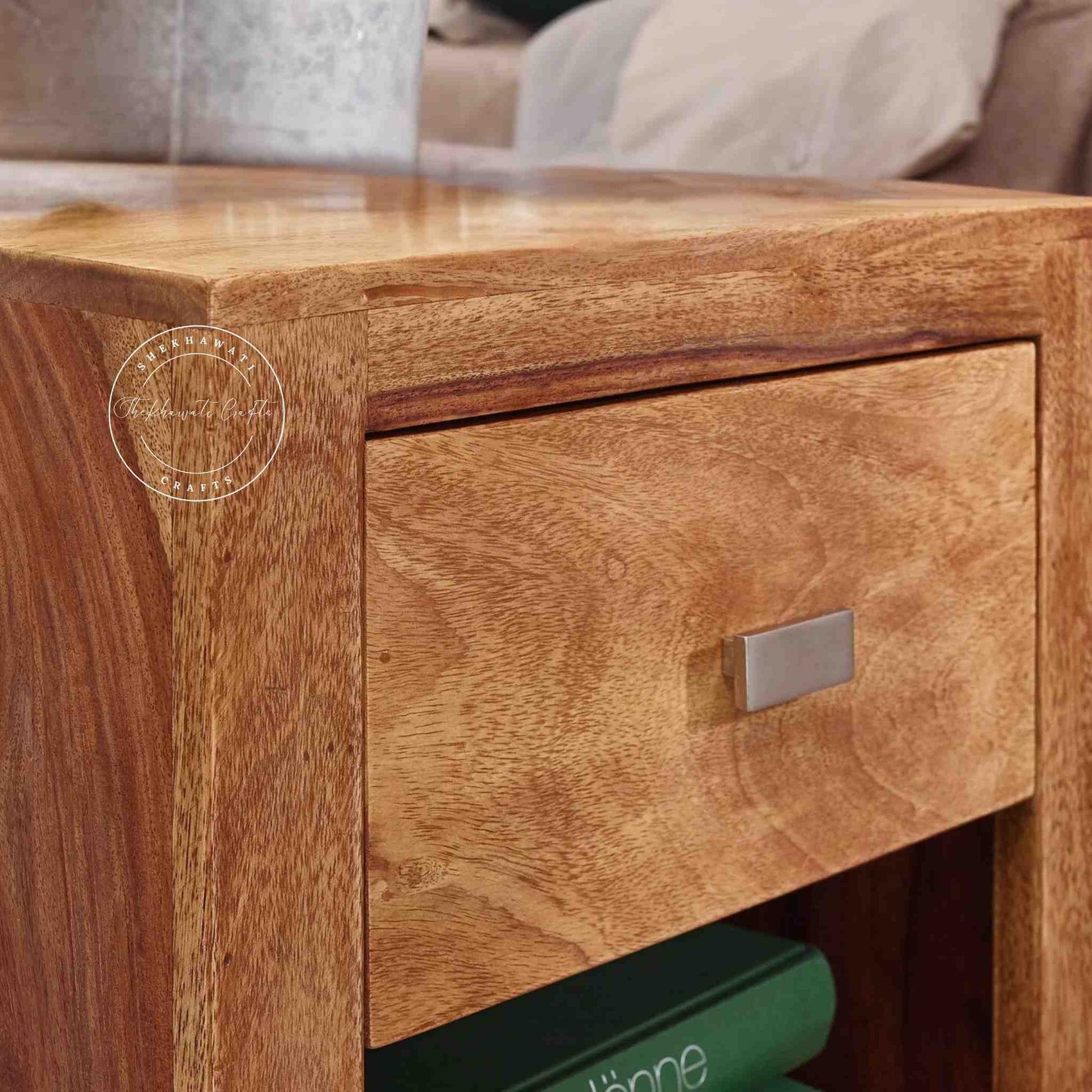 Handcrafted Zoey Bedside table made from sheesham wood with 1 drawer and 1 open shelf, featuring a natural finish.