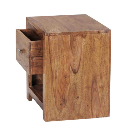 Handcrafted Zoey Bedside table made from sheesham wood with 1 drawer and 1 open shelf, featuring a natural finish.