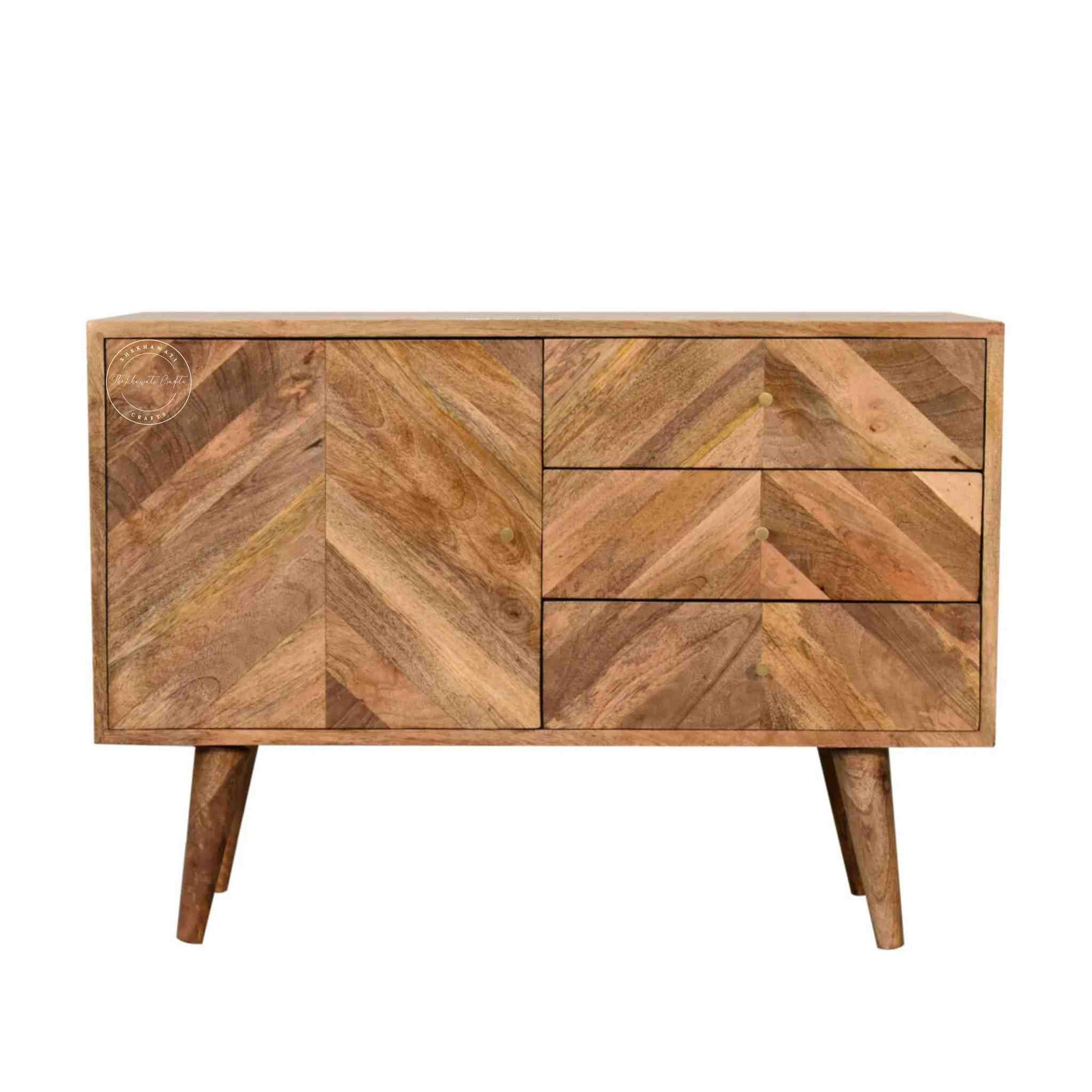 Raavi Chest of Drawers is made from solid mango wood, natural finish, foldable legs, storage with three drawers and two doors, modern wooden furniture.