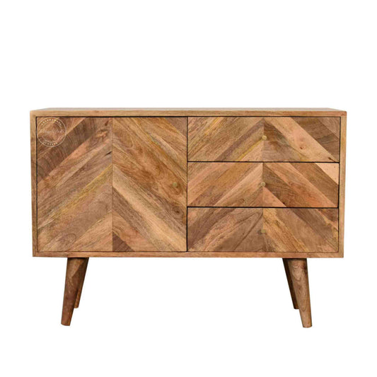 Raavi Chest of Drawers is made from solid mango wood, natural finish, foldable legs, storage with three drawers and two doors, modern wooden furniture.